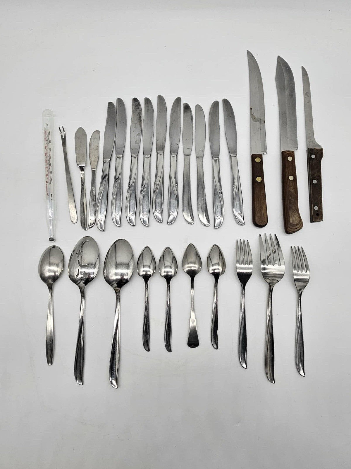 Mixed Lot Vintage Flatware Knives Forks Spoons + Steak Knives Thermometer