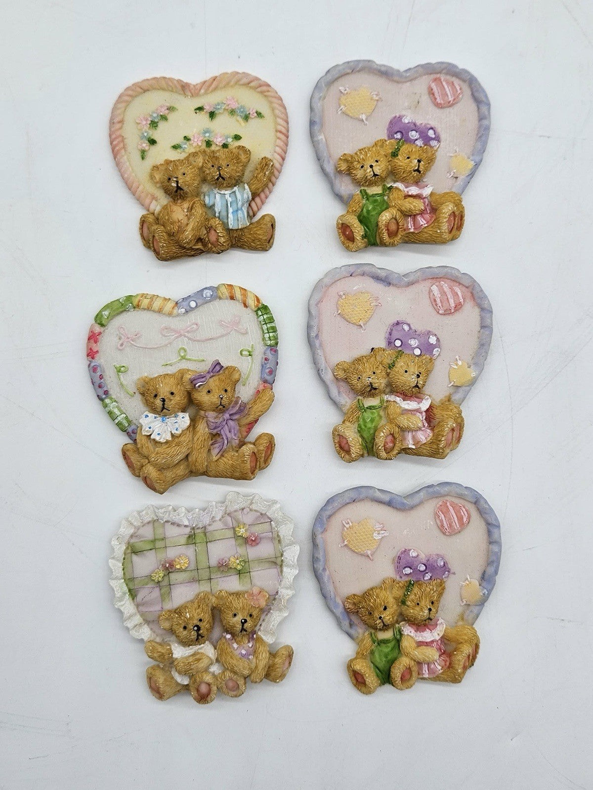 Set of 6 Vintage Teddy Bear Heart Magnets Valentine Resin Fridge Magnets