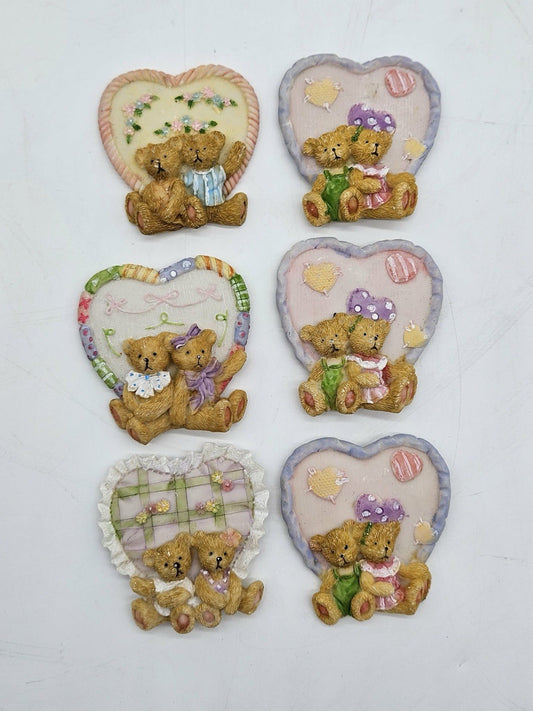 Set of 6 Vintage Teddy Bear Heart Magnets Valentine Resin Fridge Magnets