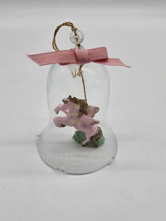 Vintage Porcelain Carrousel Pink Horse Crystal Bell Ornaments 2 Hand Painted