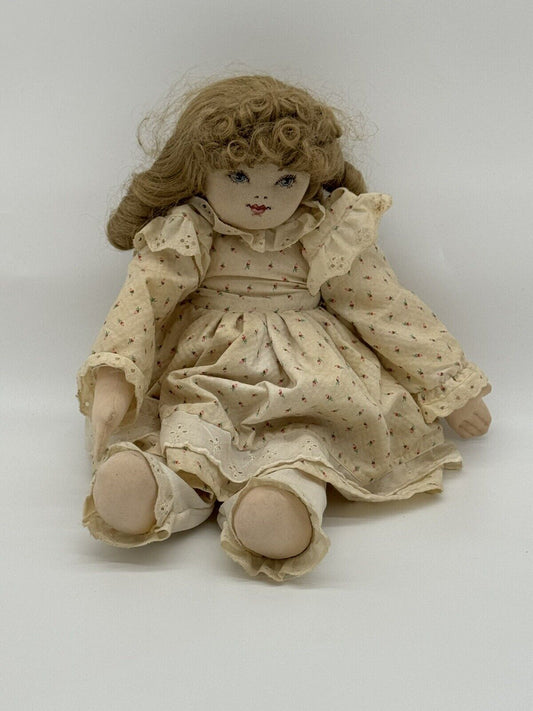 Vintage Handmade 18” Blond Hair Embroidered Blue Eyes mouth nose Cloth/Rag Doll