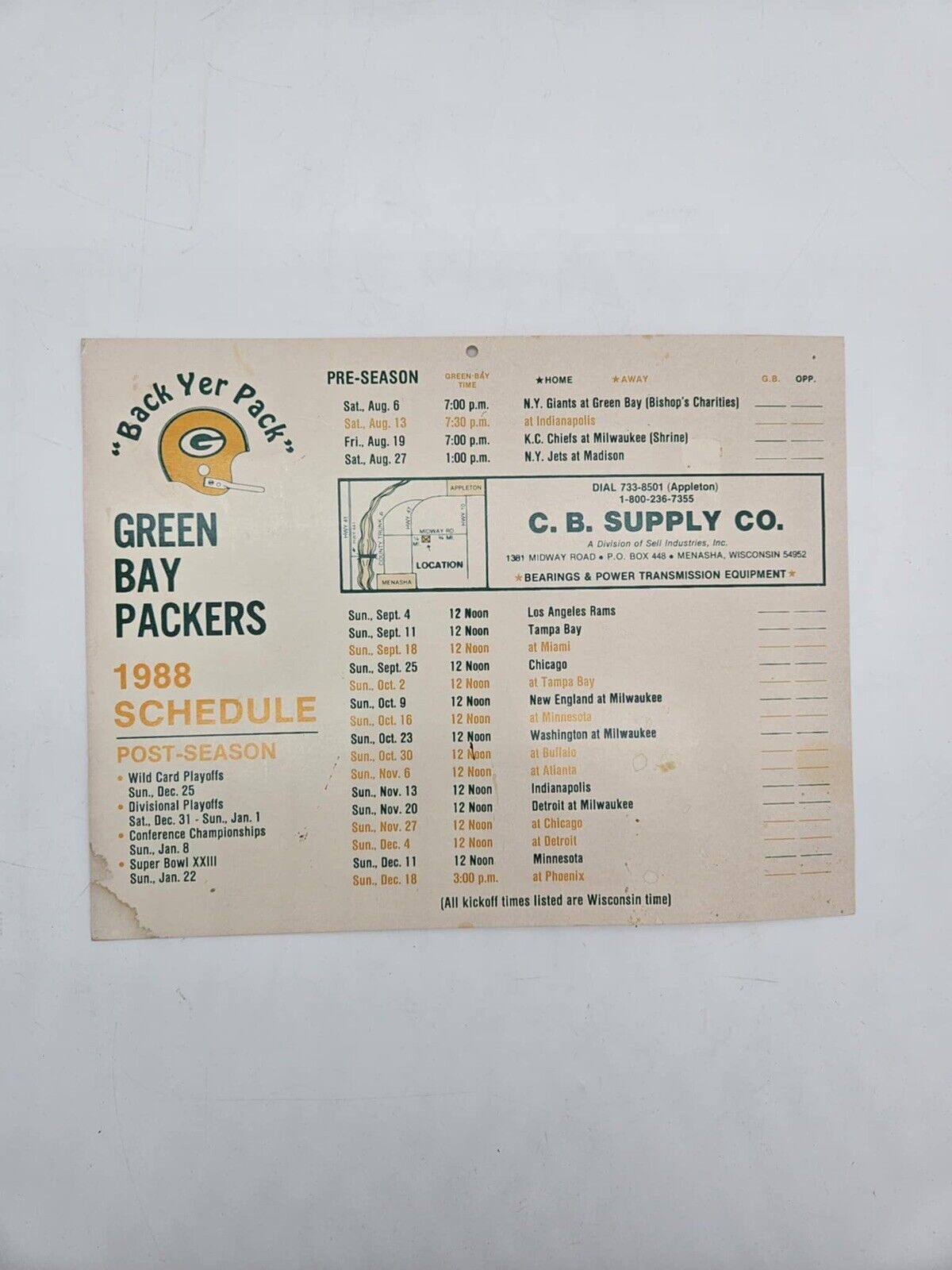 GREEN BAY PACKERS 1988 SCHEDULE