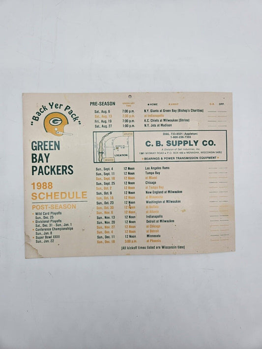 GREEN BAY PACKERS 1988 SCHEDULE