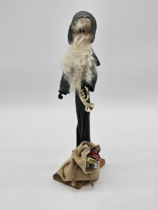 Tall Primitive Santa Claus Figurine w Horn & Gift Sack Folk Art Deco