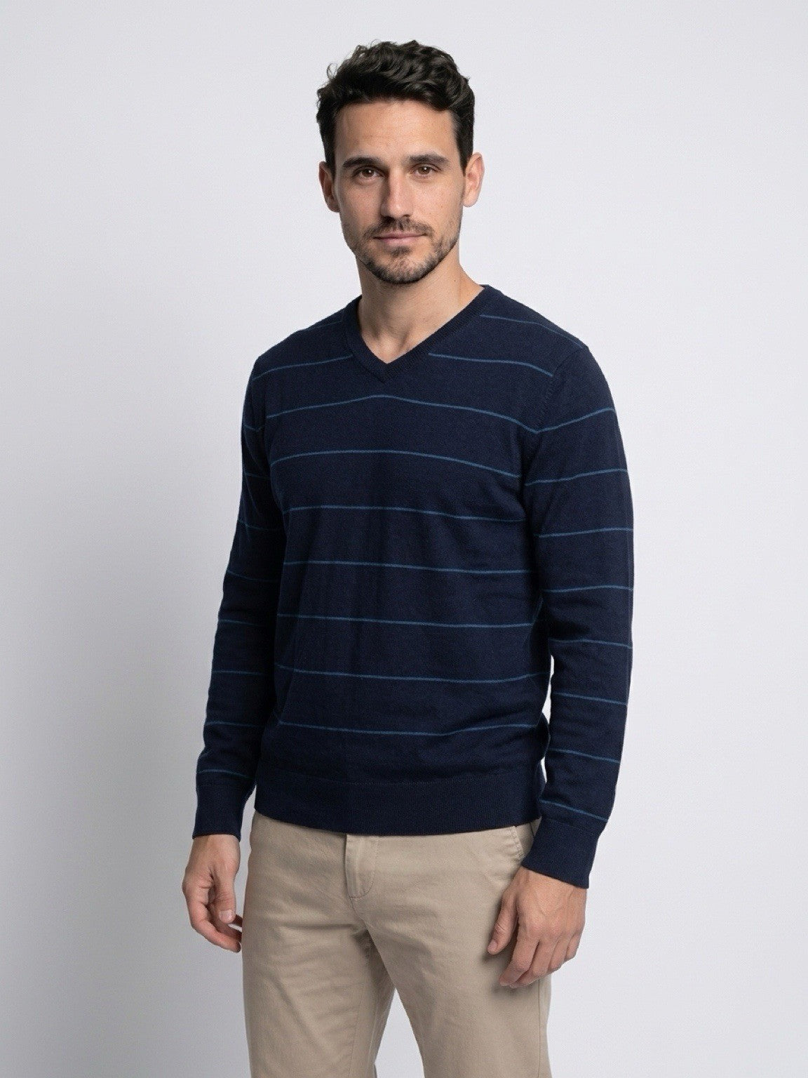 Old Navy Sweater Mens Large Blue Striped Pullover Long Sleeve V Neck