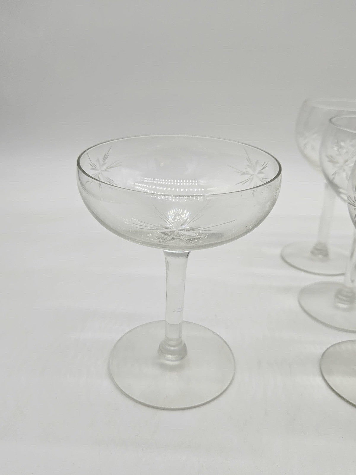 Vintage Etched Starburst Cocktail Glass 12pc Coupe Set & 2pc Goblet Set