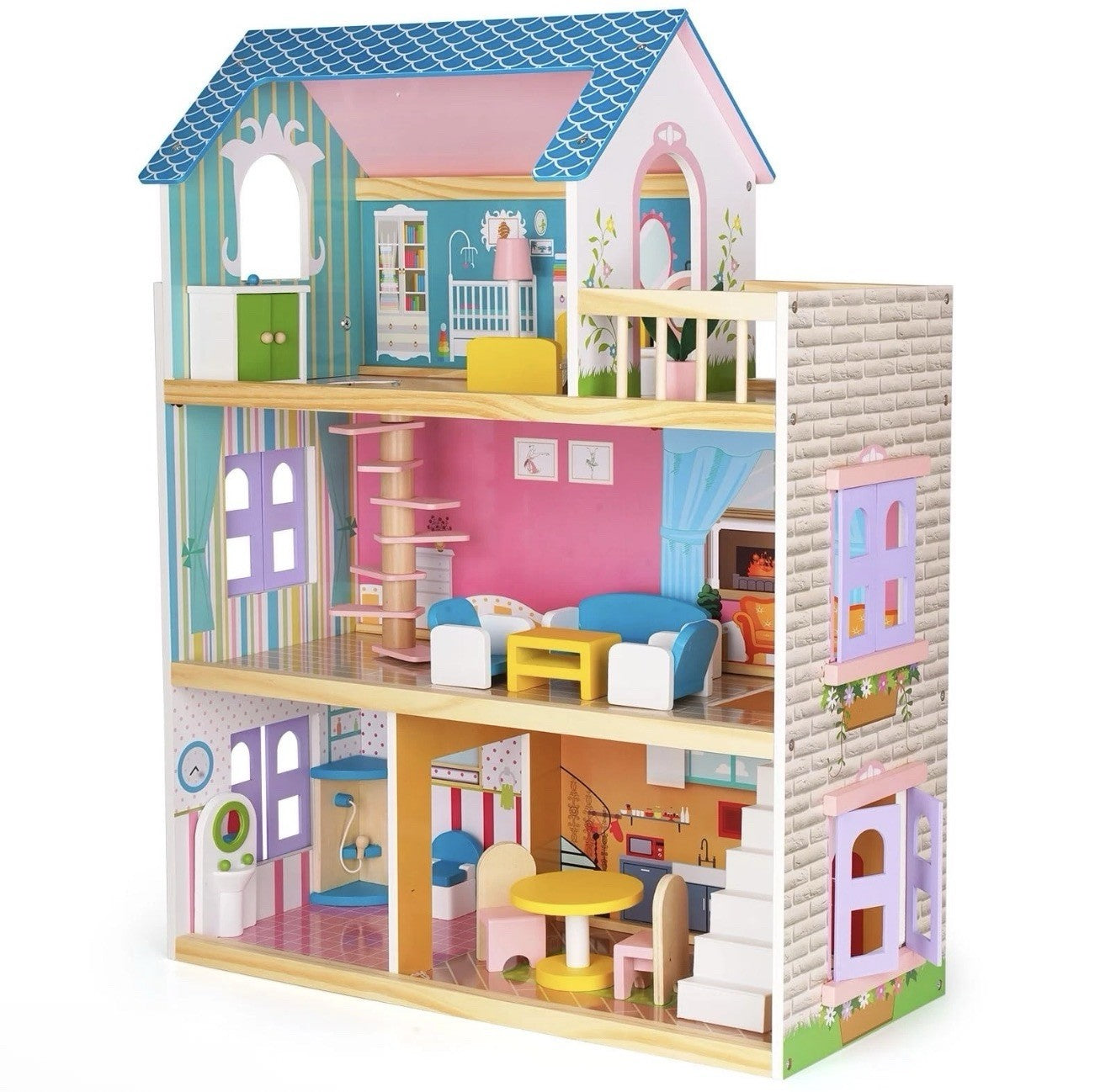 Wooden Dollhouse for Girls with Furniture & Accessories, Playset, Pretend Hou...