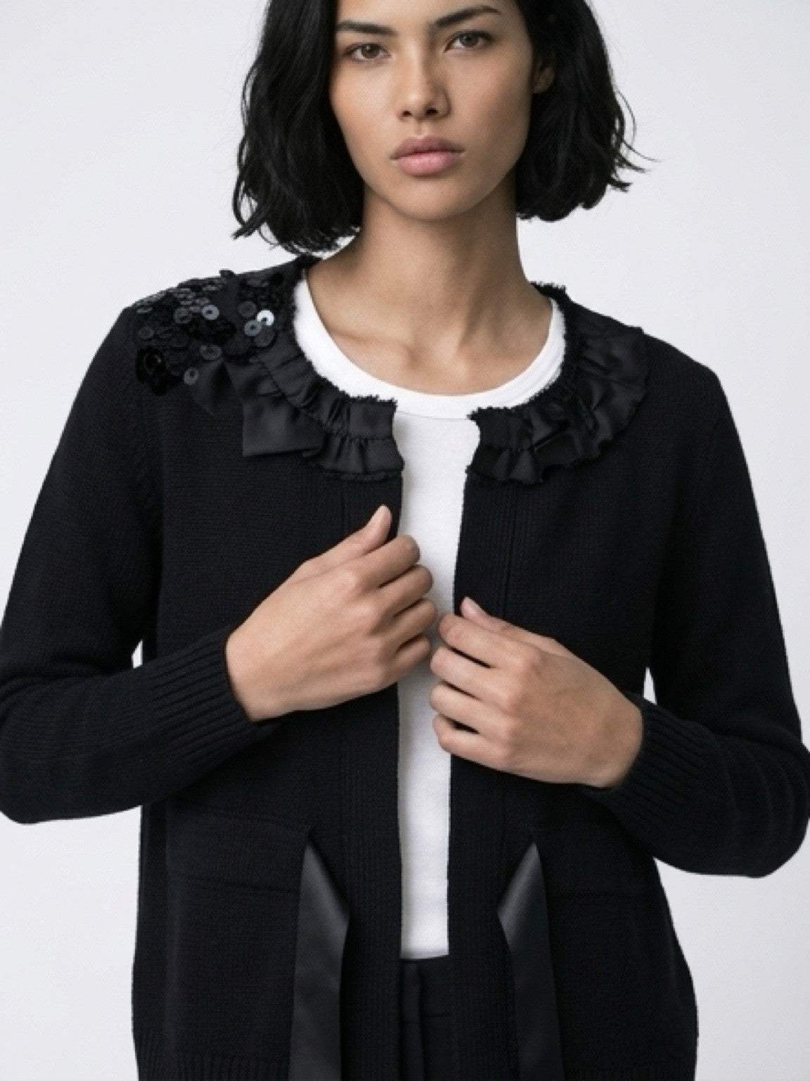 LC Lauren Conrad Black Ruffle Sequin Cardigan Open Front XS