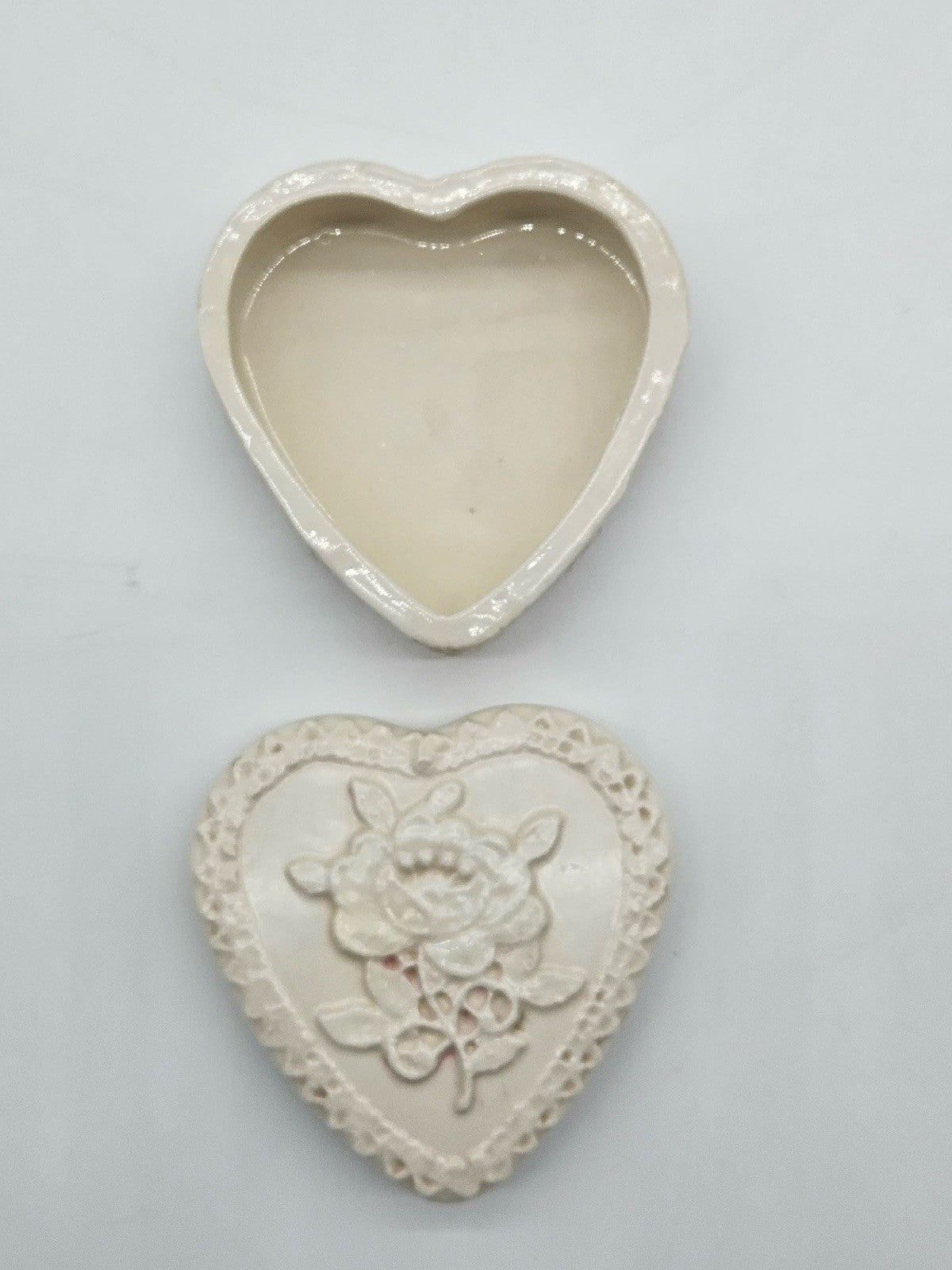 Vintage Ceramic Heart Trinket Box Rose Relief Signed Teresa 1986