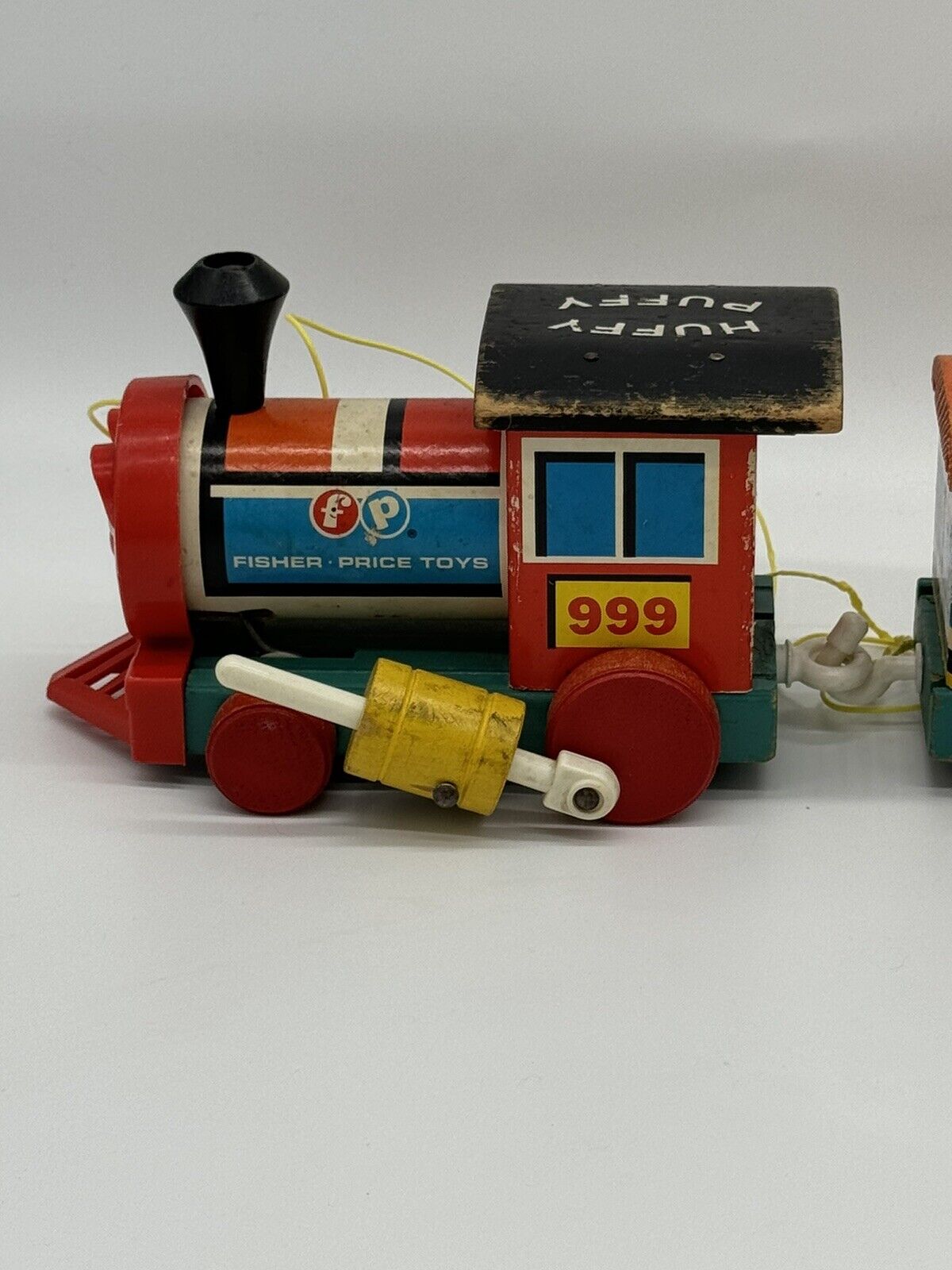 Original 1960s Fisher Price Vintage Huffy Puffy Wooden Train Set Pull Toy 4 Car