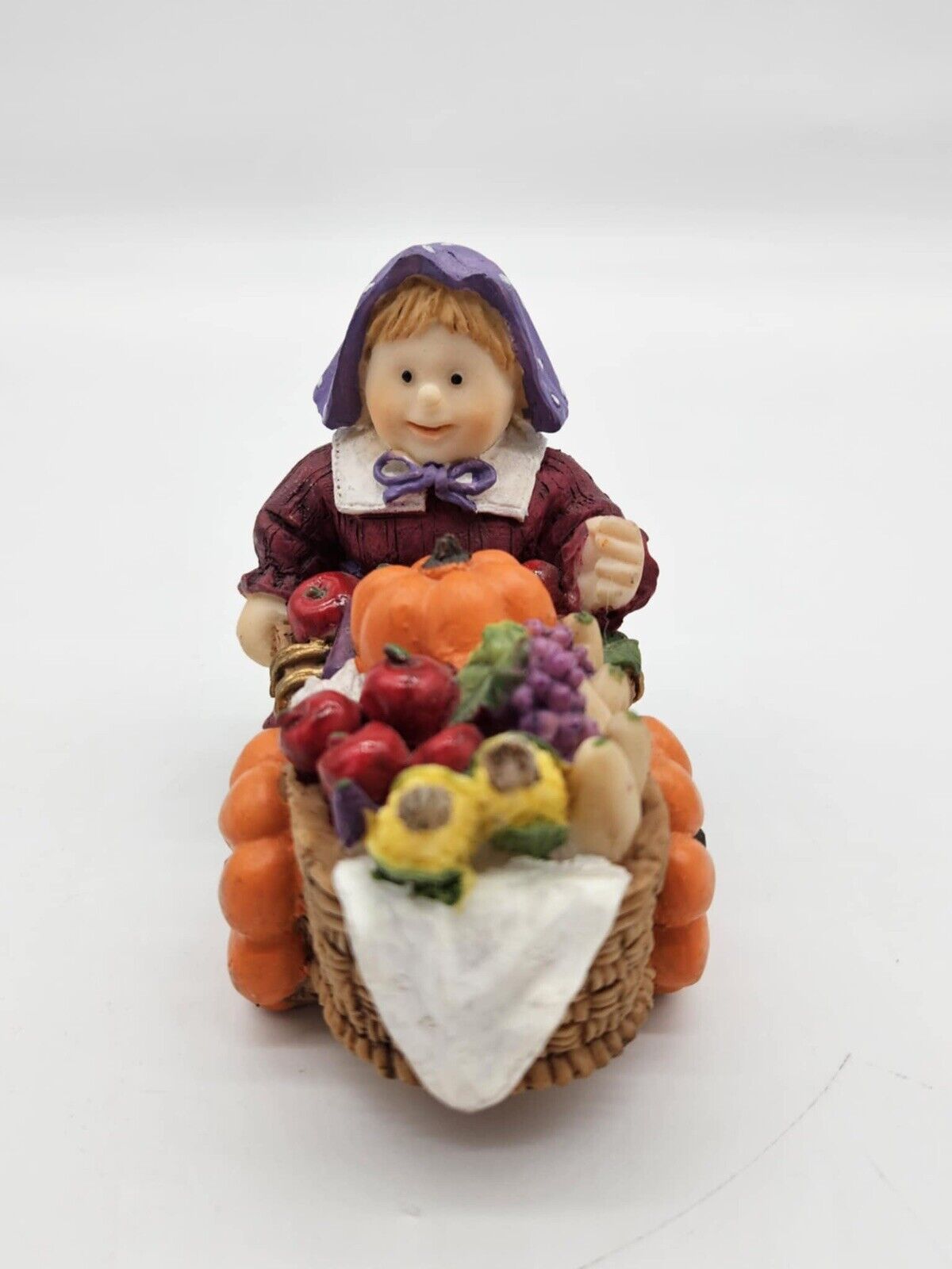 Thanksgiving Autumn Pilgrim Figurine Woman Pushing Pumpkin Cart Miniature