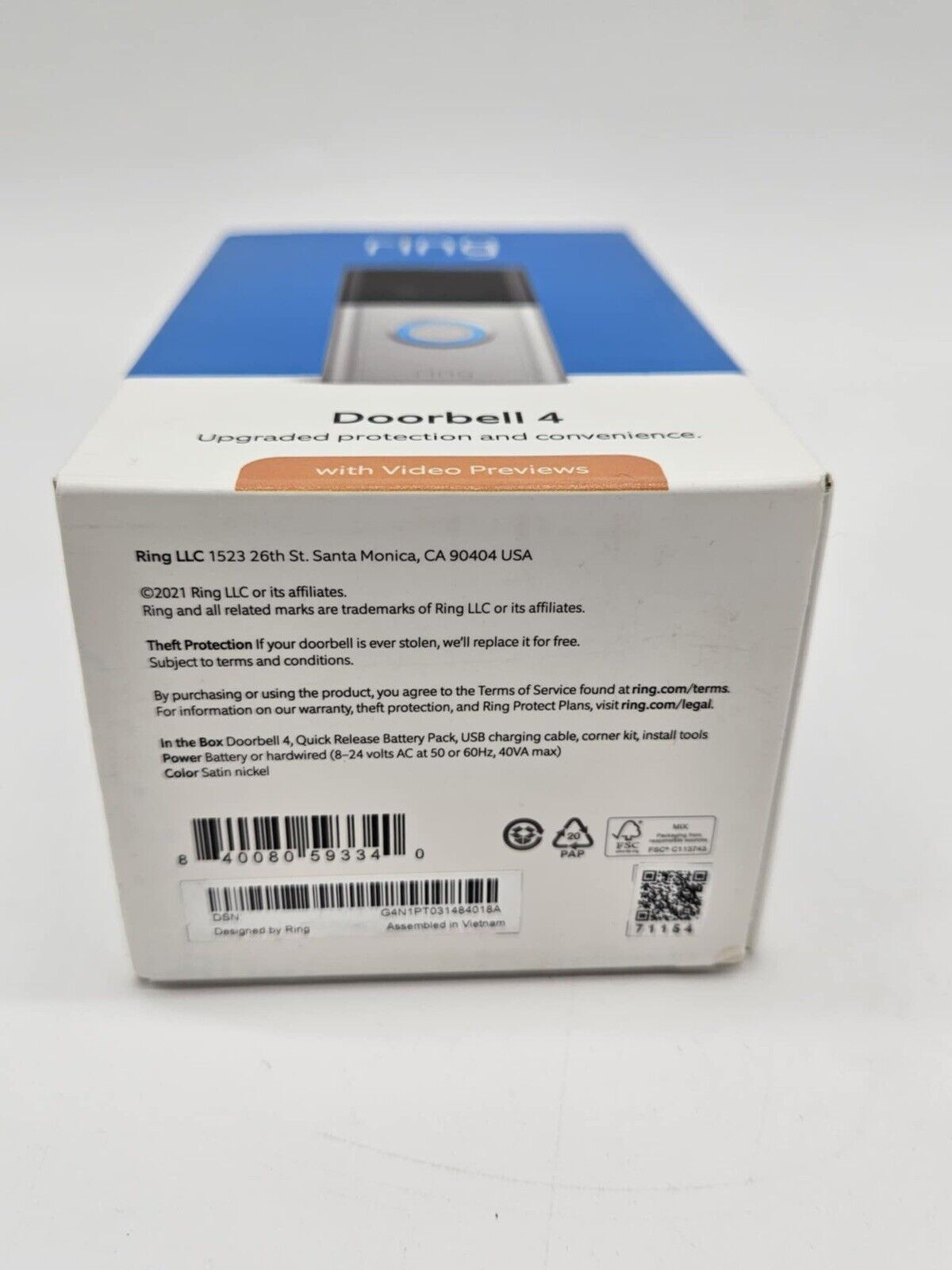 Ring Video Doorbell 4 Smart Wi-Fi Video Doorbell Wired/Battery Operated -SEALED