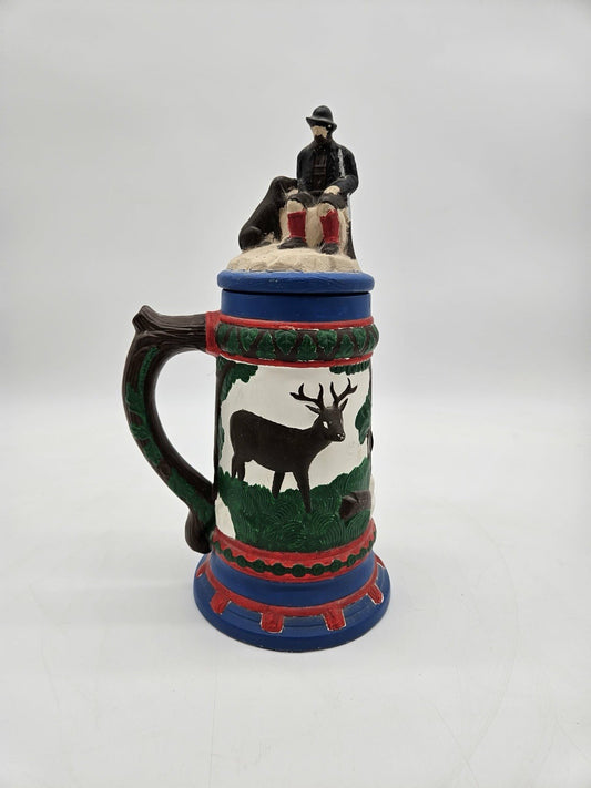 Vintage German Lidded Hunting Scene Beer Stein Deer & Hunter