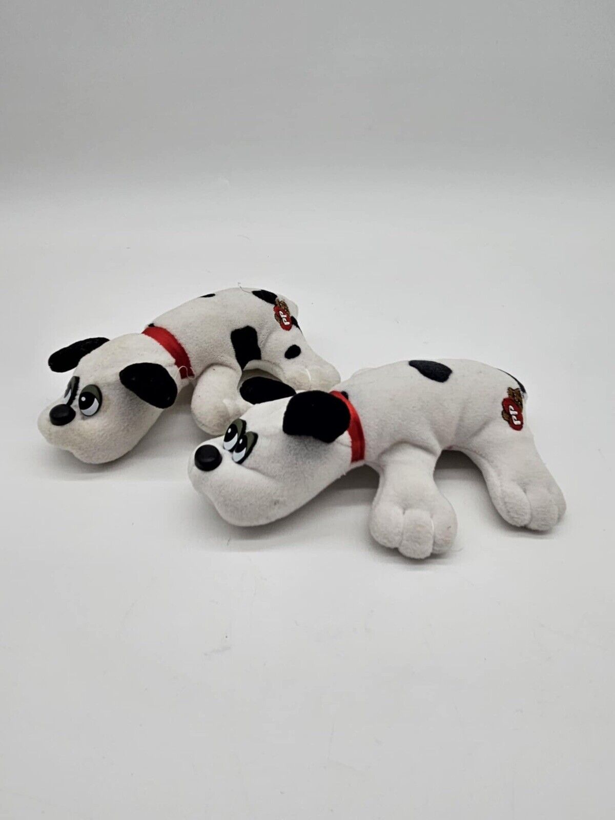 Set of 2 Vintage Tonka Pound Puppies Plush 7” WHITE/BLACK SPOTS Red Collar 1980s