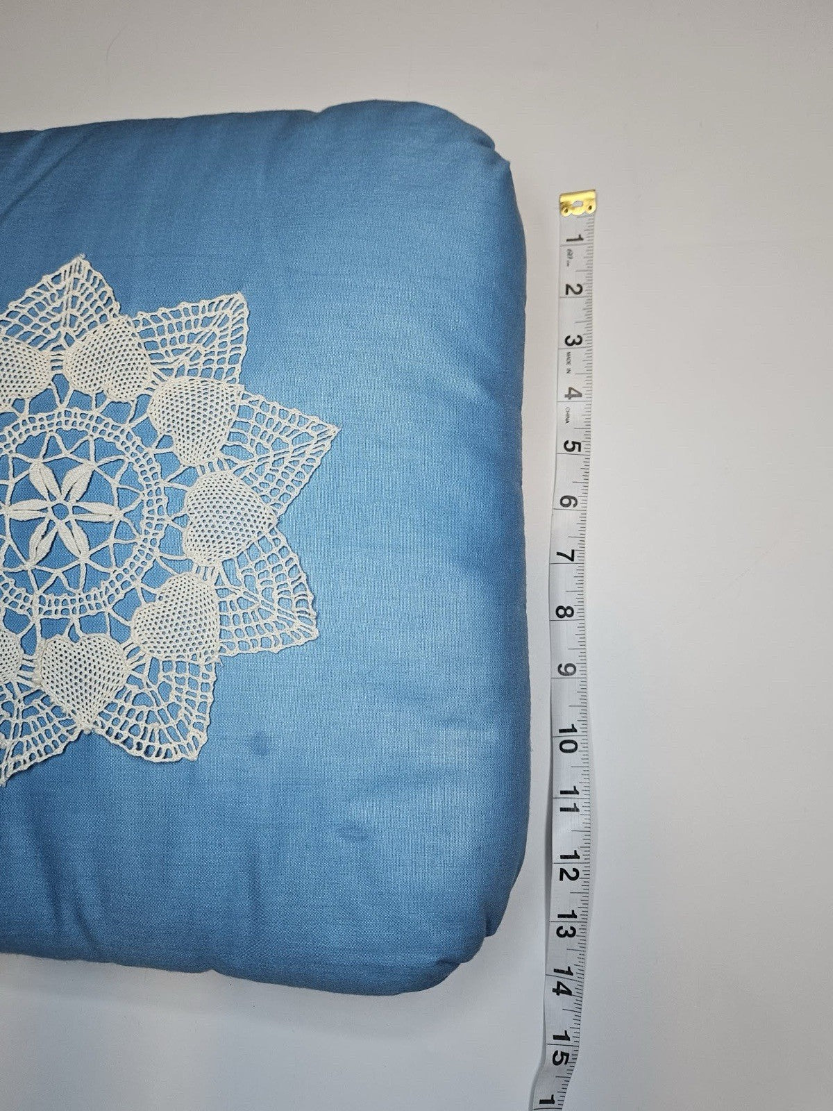 Blue Accent Pillow with White Lace Doily Appliqué 15x15