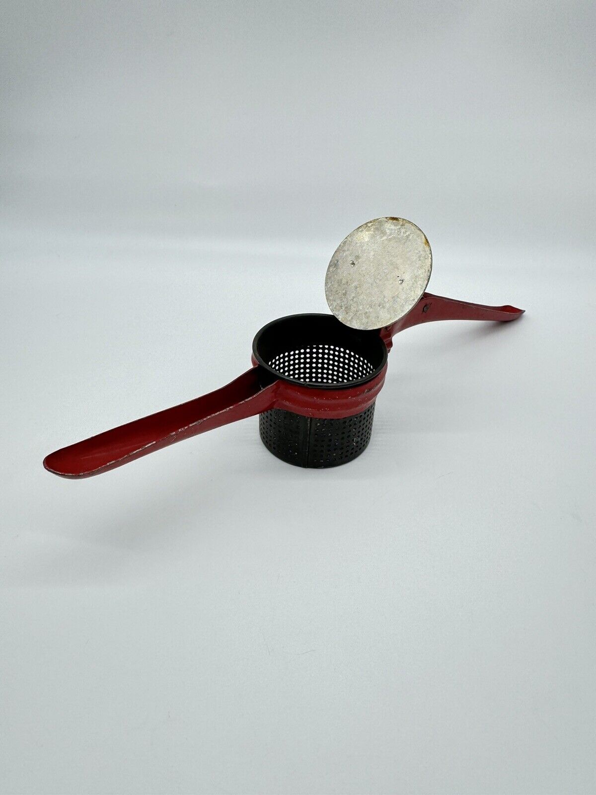 Vintage 1950's Metal Potato Ricer With Red Handle & Frame Masher Strainer