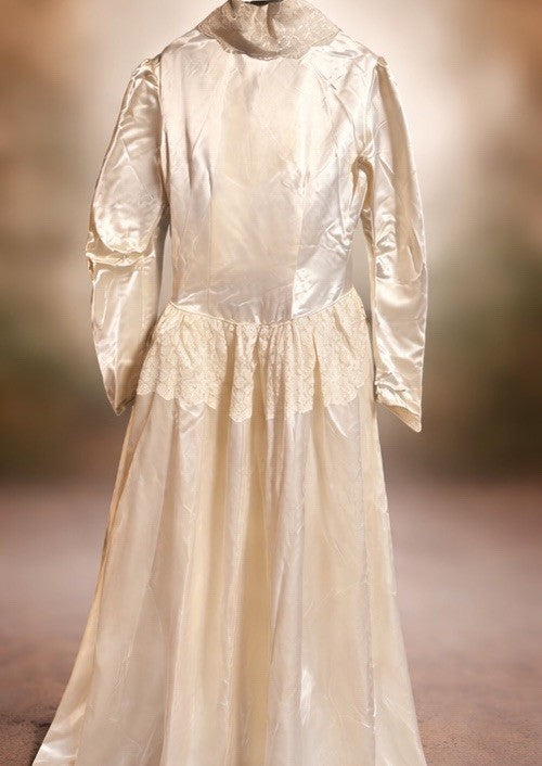 1930s Ivory Satin Wedding Dress Lace Bodice Long Sleeves Vintage Bridal Gown