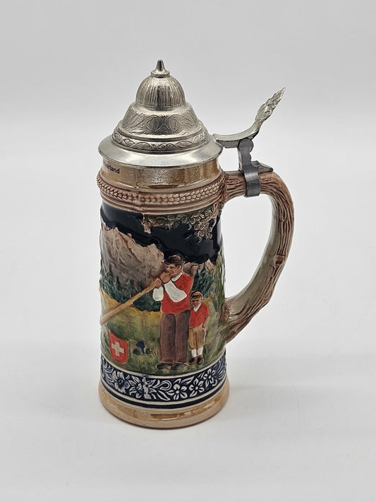 Vintage Lucerne Switzerland Lidded Beer Stein Alpine Scene