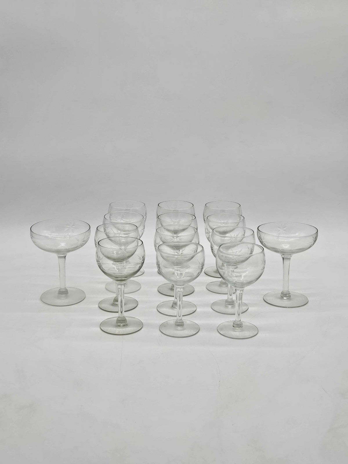 Vintage Etched Starburst Cocktail Glass 12pc Coupe Set & 2pc Goblet Set