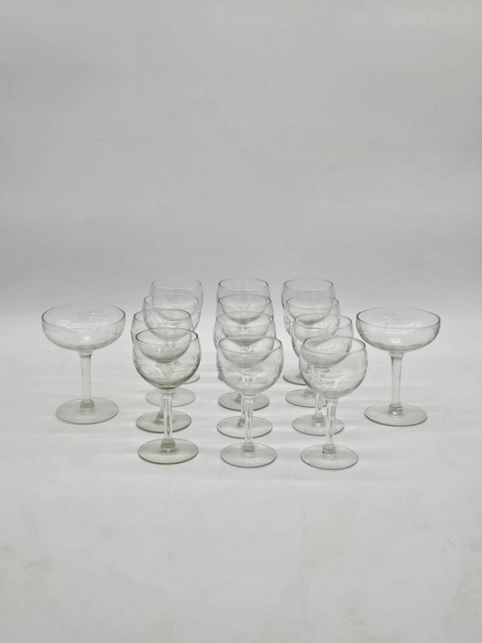Vintage Etched Starburst Cocktail Glass 12pc Coupe Set & 2pc Goblet Set