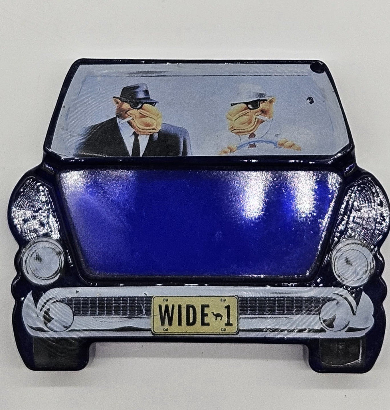 VINTAGE JOE THE CAMEL WIDE-1 CAR  DOUBLE-SIDED COBALT BLUE GLASS ASHTRAY