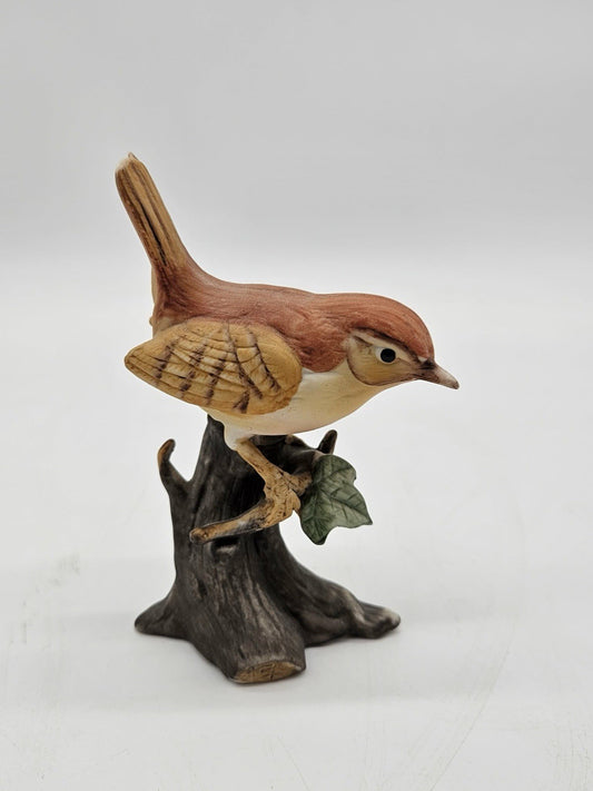 Vintage Made in Taiwan Wren Bird Figurine on Tree Stump • 3⅞" Tall