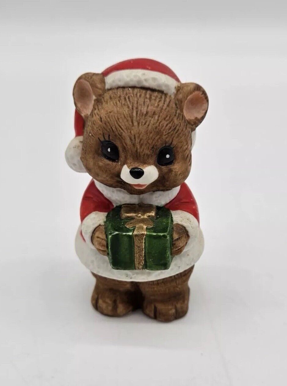 Lefton Christmas Bear Red Santa Suit Holding Green Present Figurine Vintage 3"H