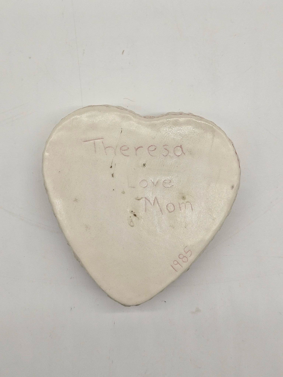 Vintage Ceramic Heart Trinket Box Rose Relief Signed Teresa 1986
