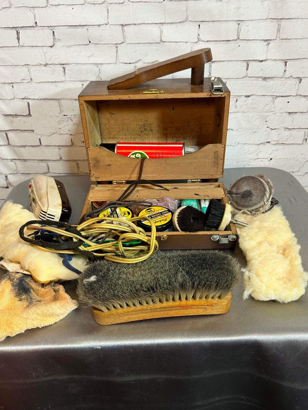 Vintage Esquire Shoe Care Chest Wooden Shoe Shine Carry Box W/ Shining Materials