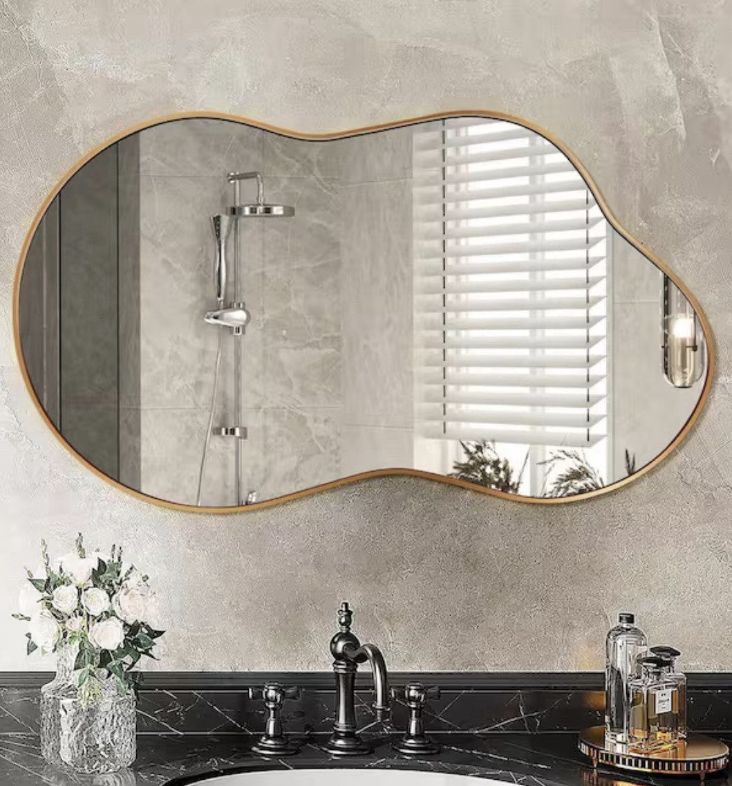 BROOJO Gold Irregular Wall Mirror 27.5" × 34.5" Modern Wavy Accent Mirror