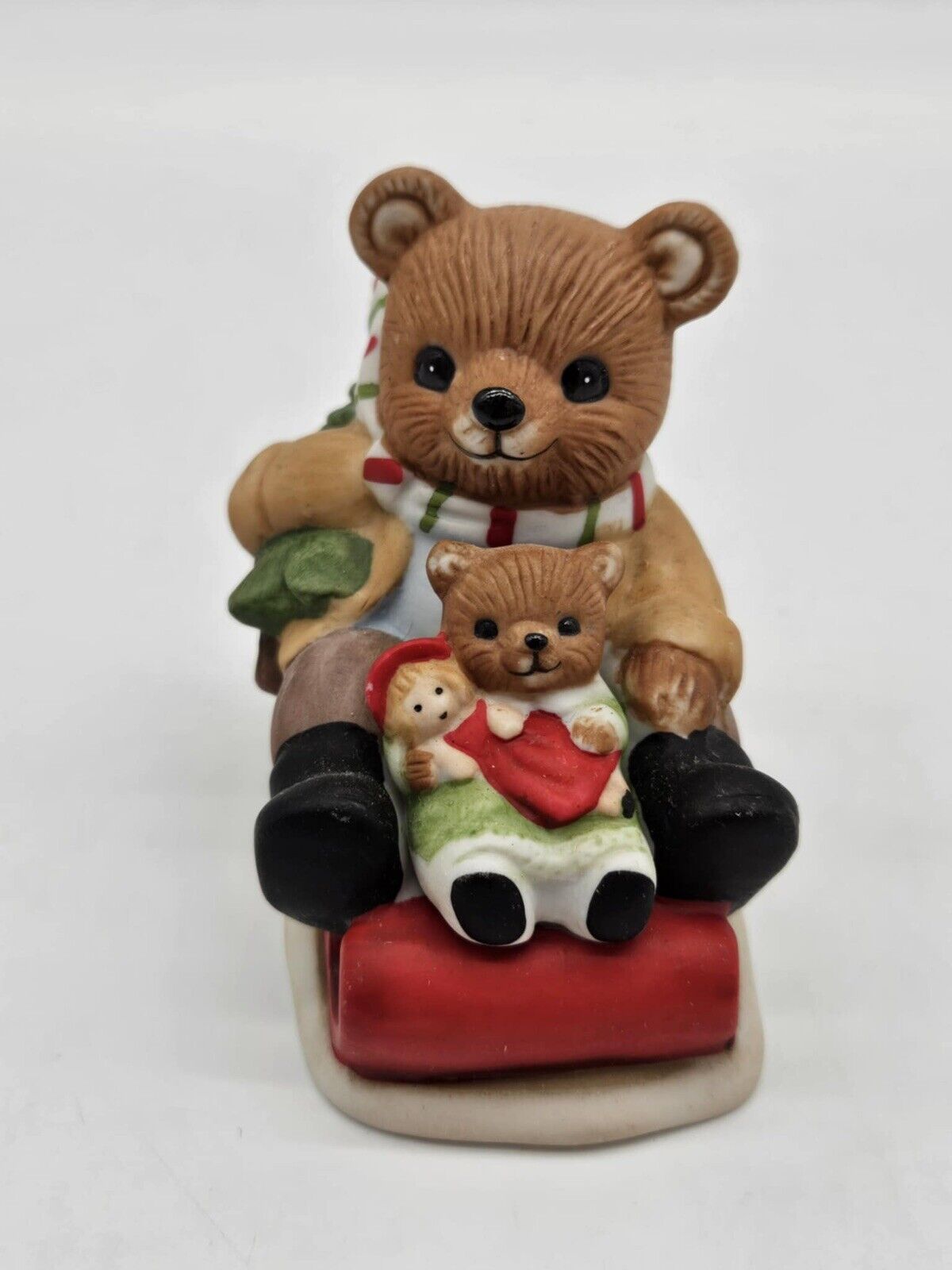 Vintage Homco #5102 Christmas Teddy Bears Riding Sled w/ tree