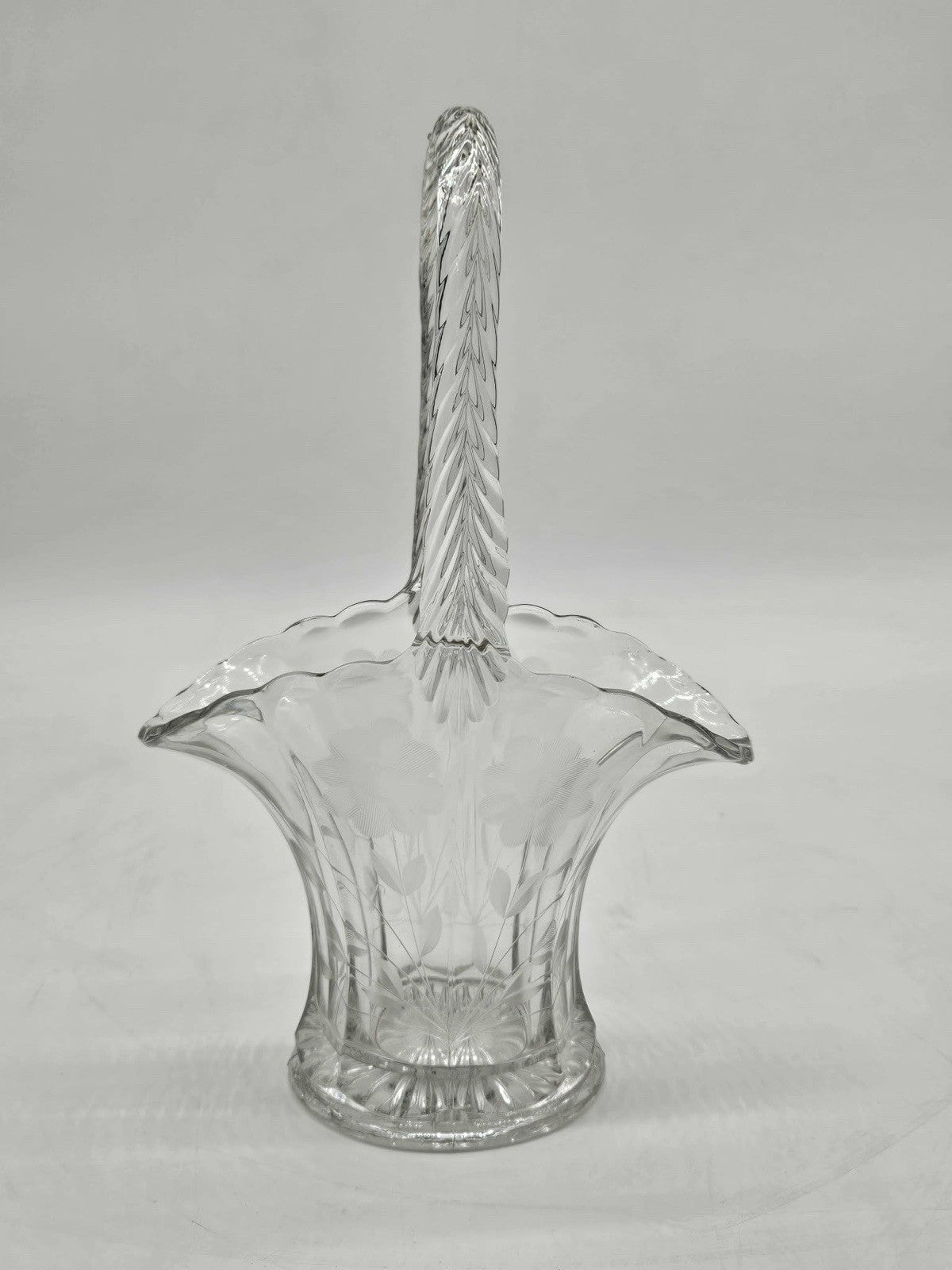 Vintage Clear Pressed Glass Basket with Etched Flowers