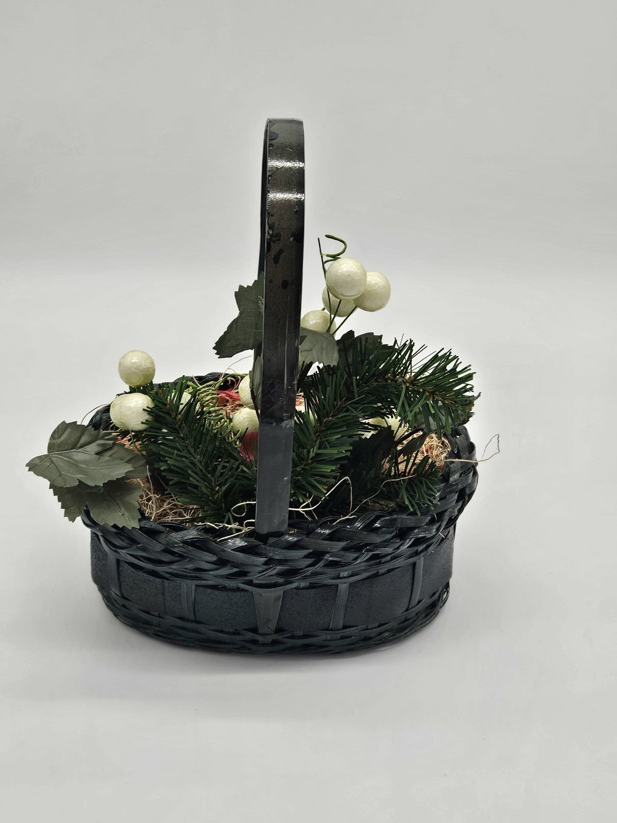 Black Woven Basket with Handle Decorative Faux Greenery Centerpiece