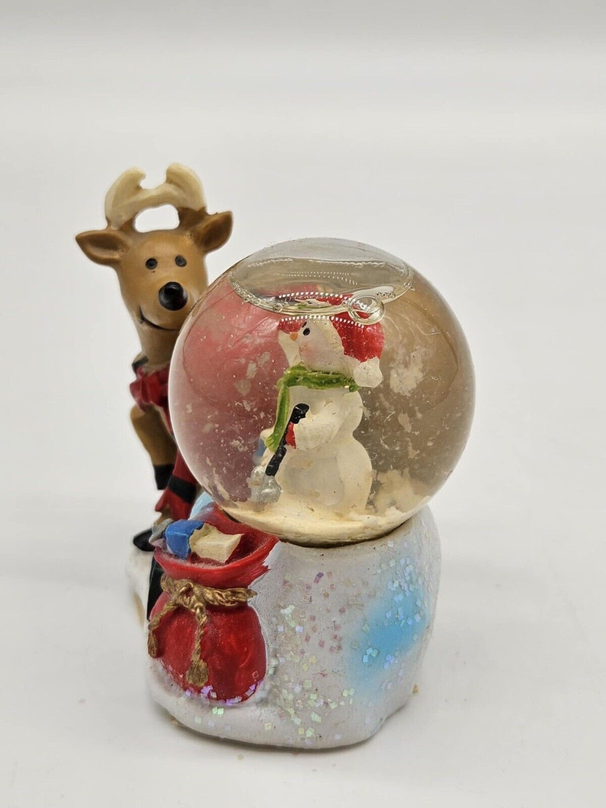 Vintage Miniature Snow Globe 3” ~ Reindeer With Snowman Collectible