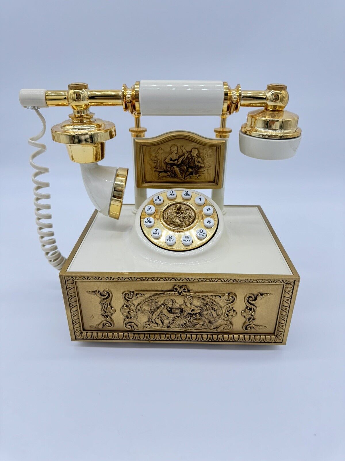 VINTAGE Telephone reproduction, Brass, Button, Desk Phone, Ivory WORKING