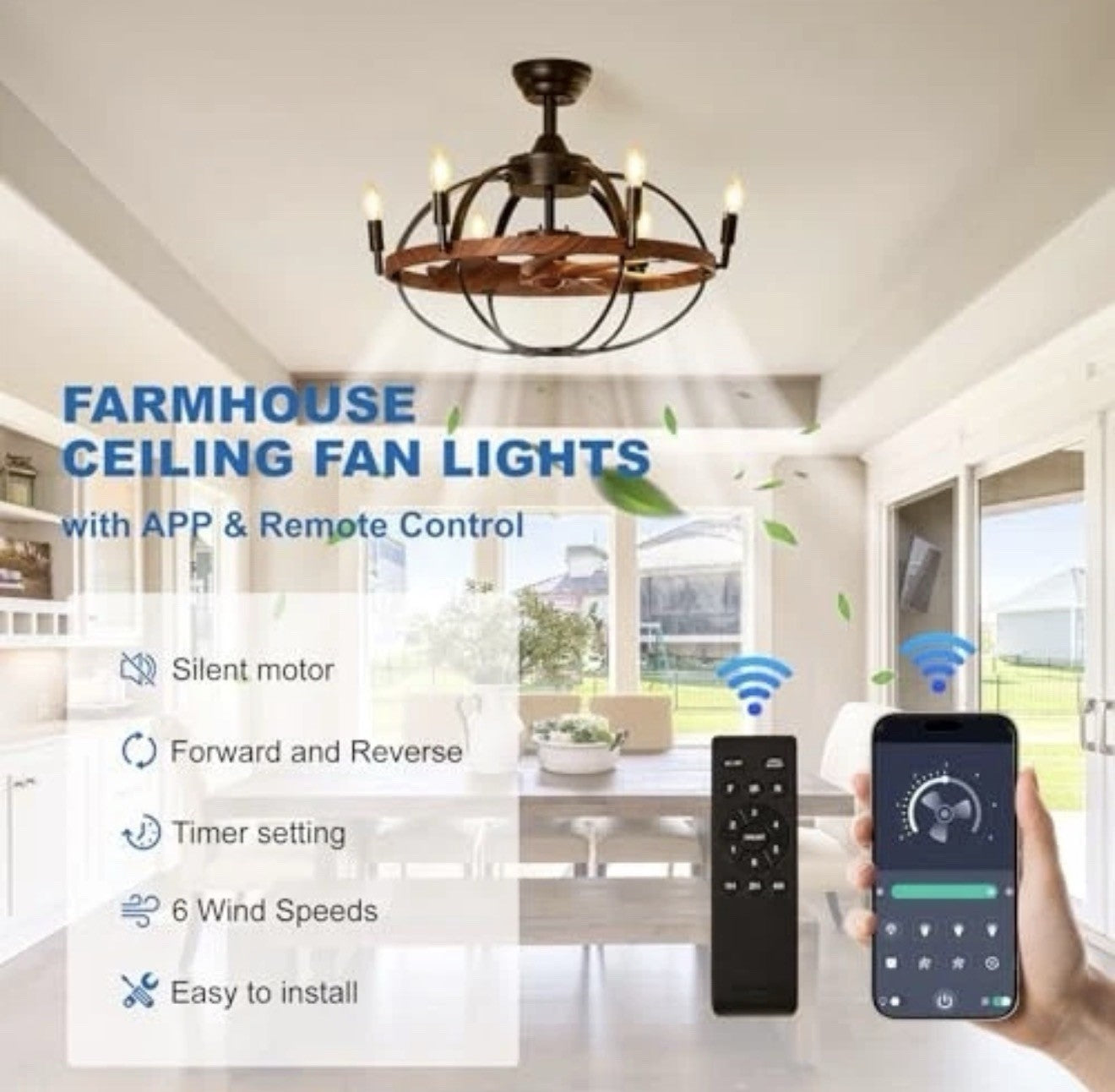 27.6" Farmhouse Ceiling Fan with Light and Remote Control, Vintage Cage Candle