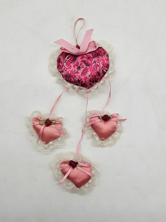 Vintage Pink Heart Fabric Sachet Ornament Set Lace Ribbon Hanging Decor