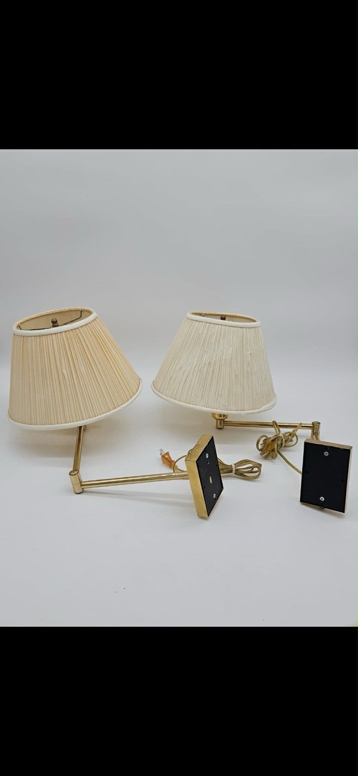 Set of 2 Vintage Brass Swing Arm Wall Sconces Plug-In w Pleated Shades