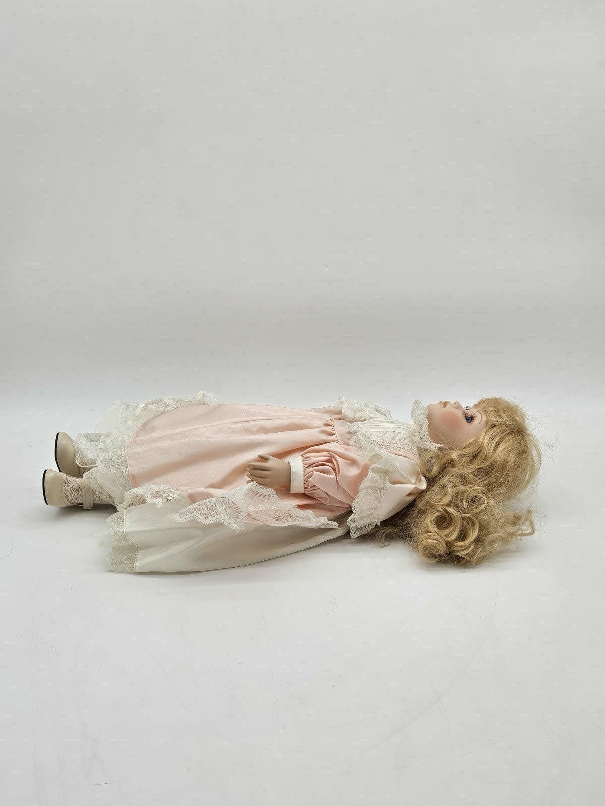 Vintage Porcelain Doll Blonde Curls Pink Dress Lace 16” Boxed