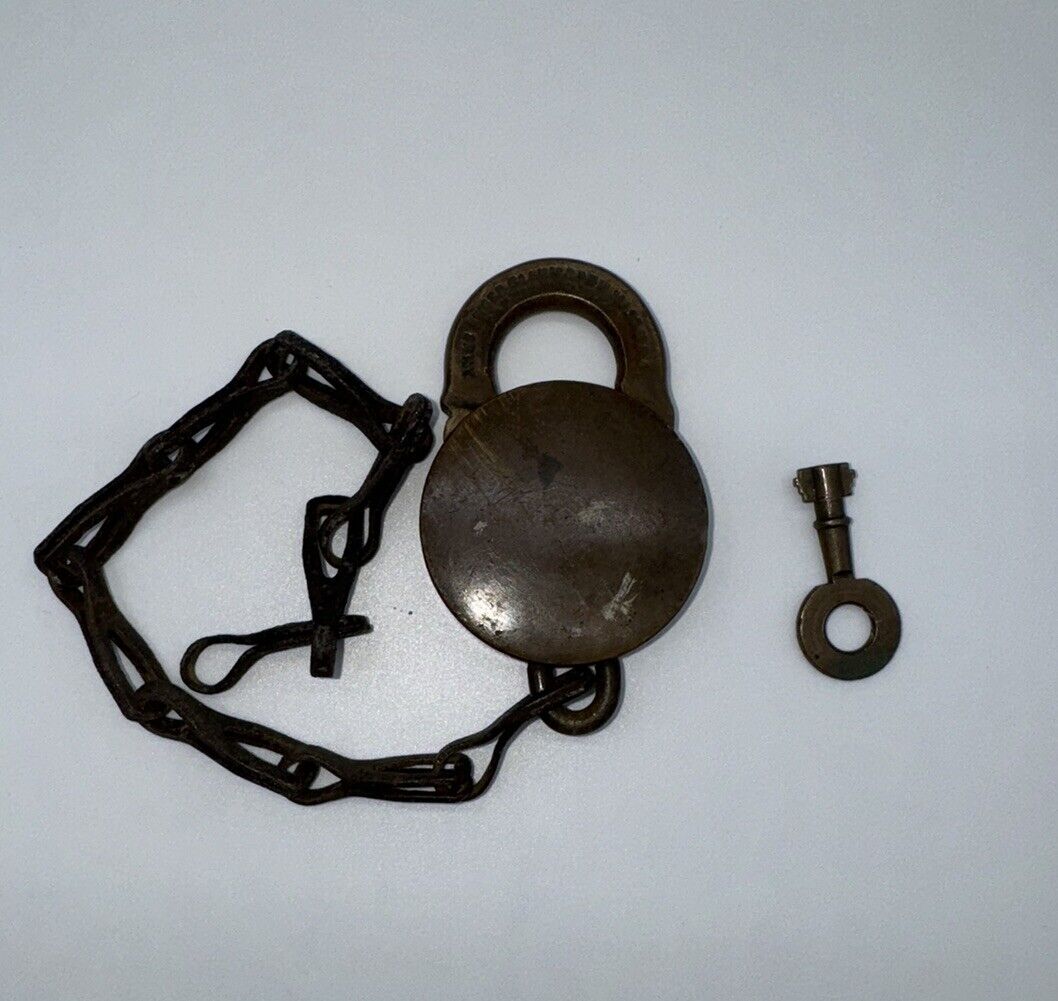 Vintage Ames Sword Co Brass Padlock with Key 1884 Victorian Era FNF