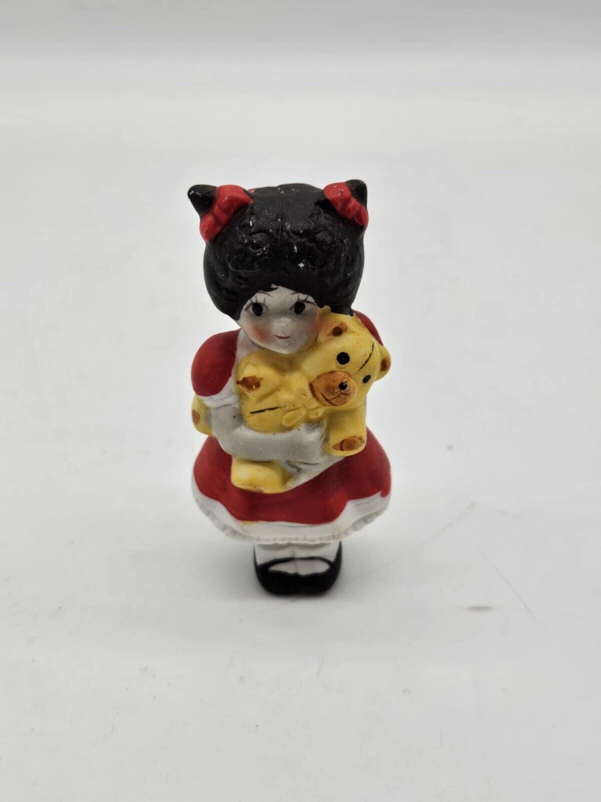 VINTAGE HAND PAINTED BISQUE GIRL HOLDING A TEDDY BEAR 3” ORNAMENT  (CB2985)