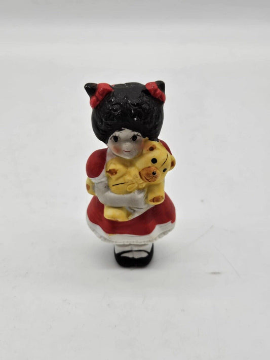 VINTAGE HAND PAINTED BISQUE GIRL HOLDING A TEDDY BEAR 3” ORNAMENT  (CB2985)