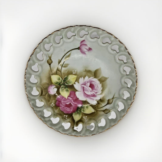 VTG Lefton Pink Roses Floral Chintz Footed Plate Pedestal Serving / Candy Dish