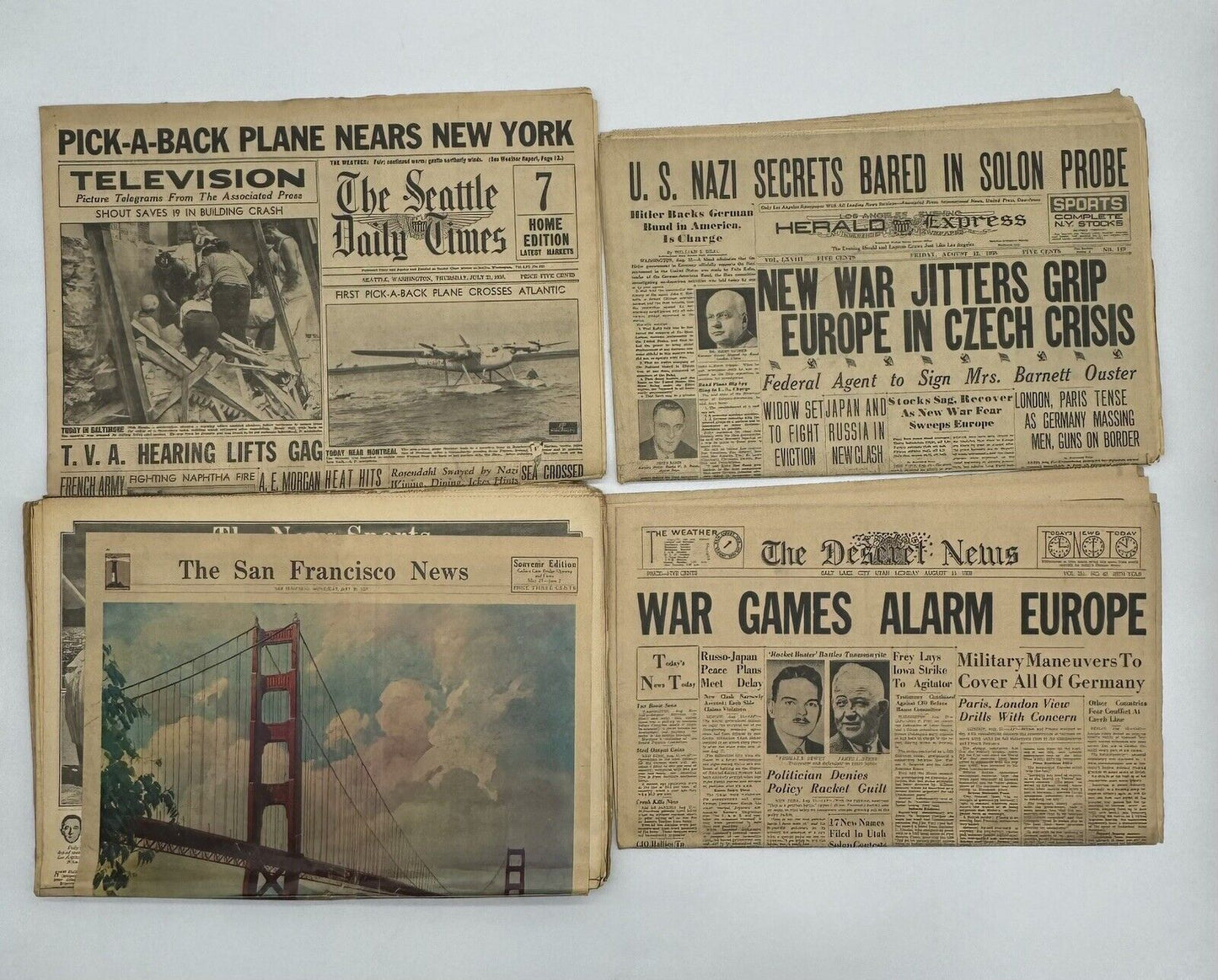 Lot of 12 Old WWII Related 1930s Newspapers WW2 Antique