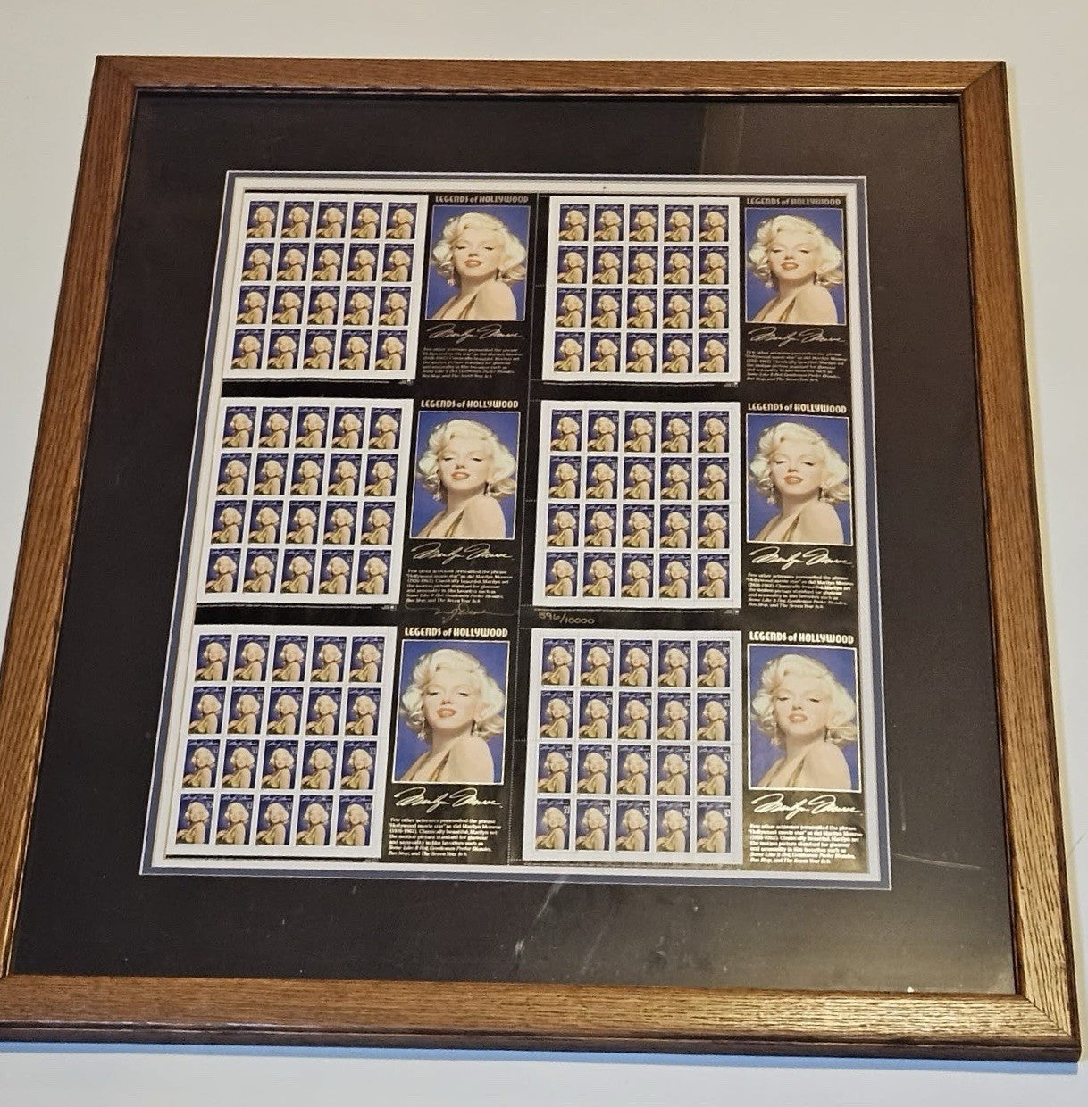 Framed Marilyn Monroe Legends of Hollywood USPS Stamp Sheet COA #596