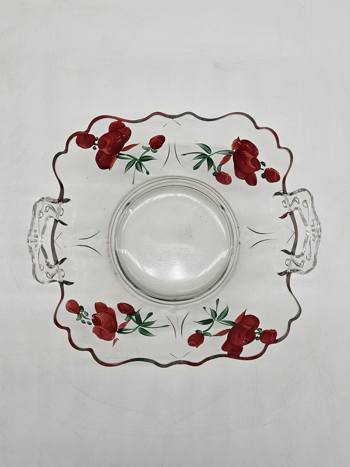 Vintage Hand Painted Glass Bowl with Handles Red Floral Scalloped Rim