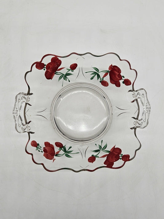 Vintage Hand Painted Glass Bowl with Handles Red Floral Scalloped Rim