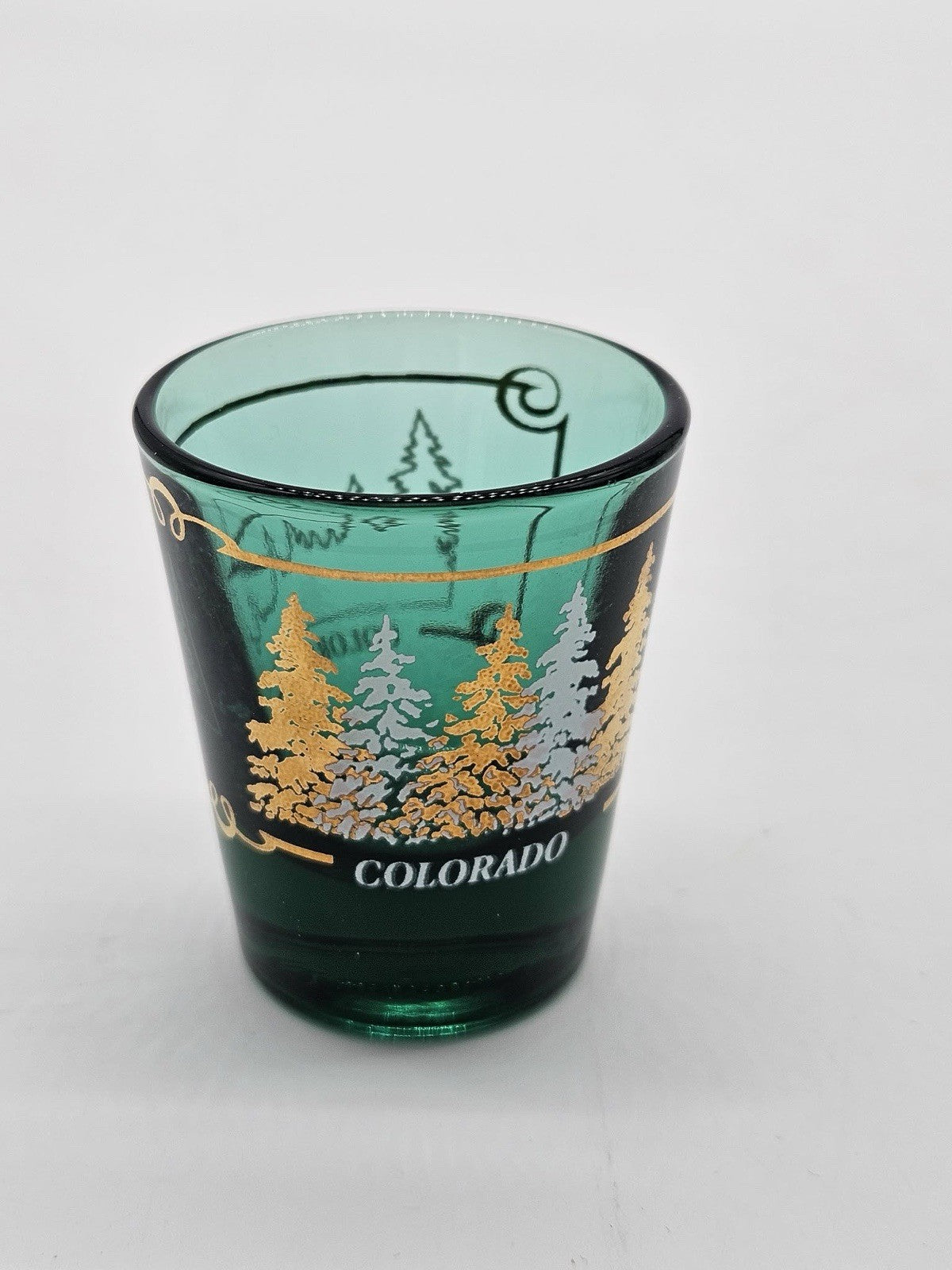 Colorado Green Forest Scenic Souvenir Shot Glass Gold Trim