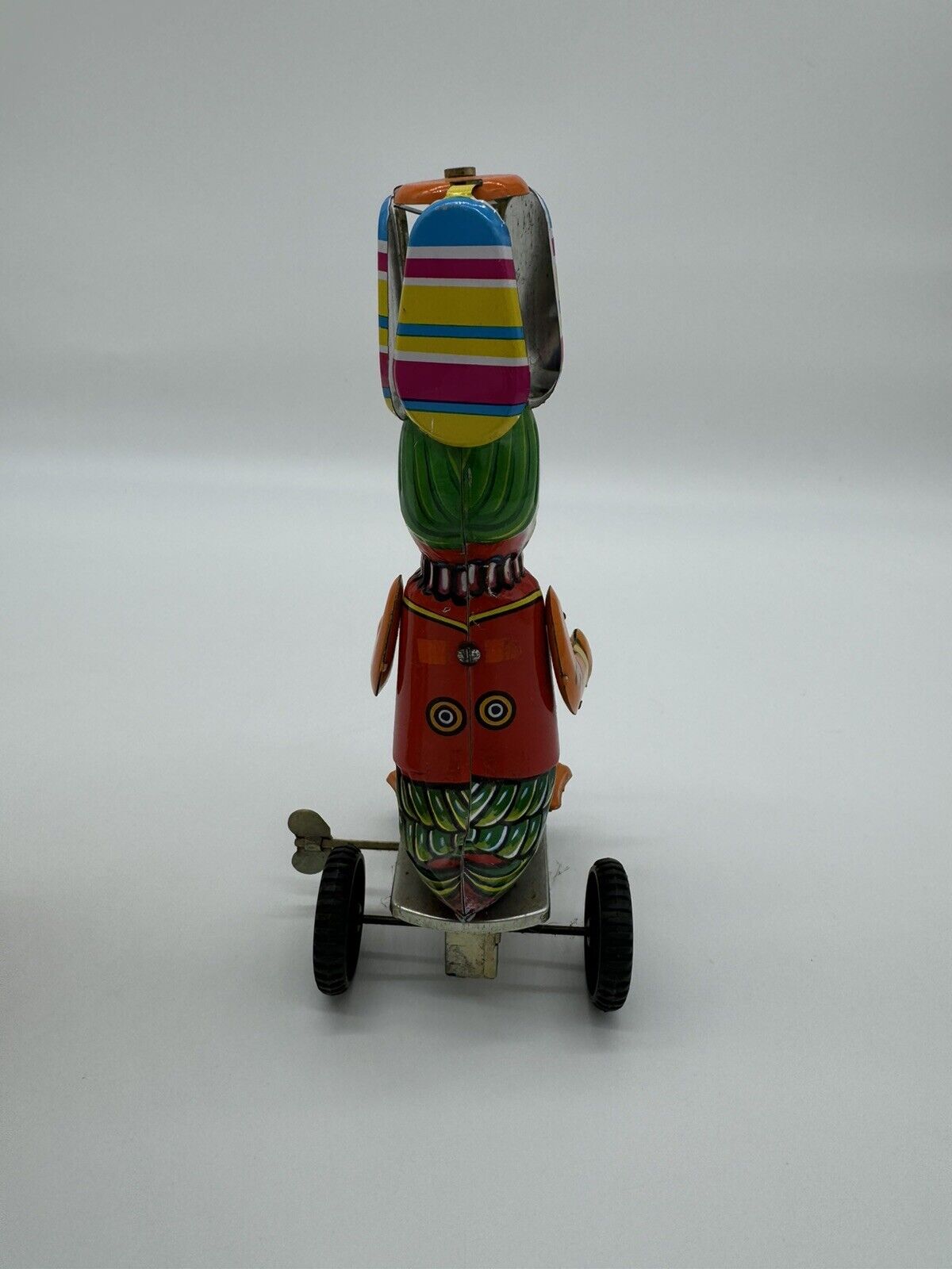 Vintage Tin Duck On A Bike Mechanical Wind Up Toy Works Great!!