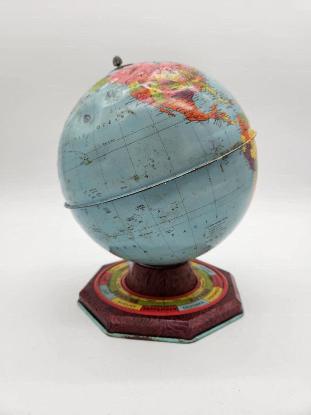 J Chein Antique Tin Litho Metal Globe Seasons Months Zodiac Base Lindbergh Route